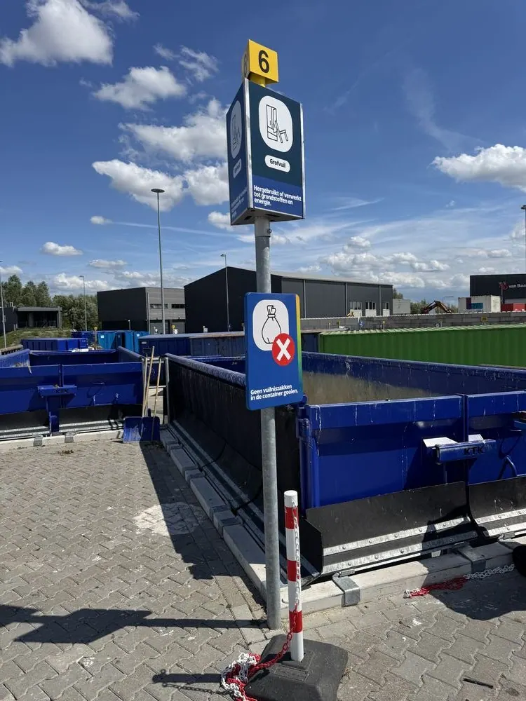 Bewegwijzering milieustraat — RVS driehoekhouders waar de afvalstroomborden gewisseld kunnen worden