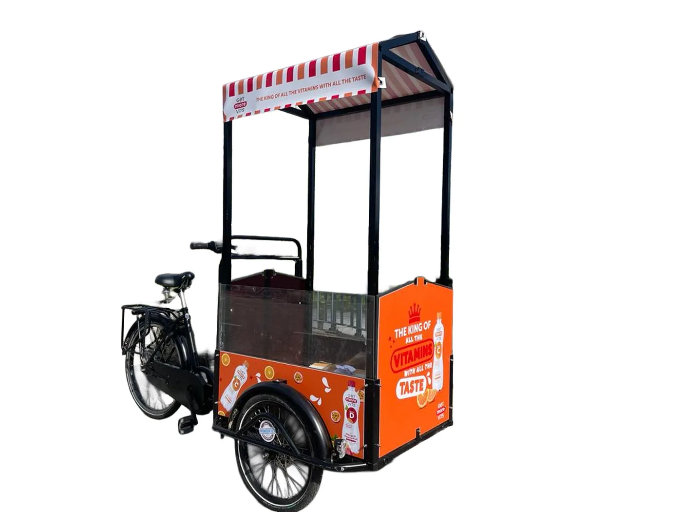 GetMoreVits promobakfiets met 3 mm forex panelen, full colour geprint en in contour uitgesneden
